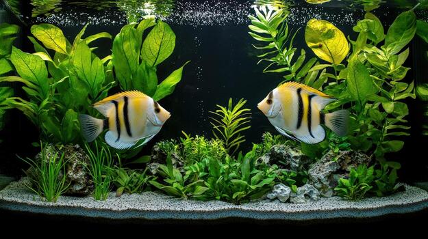 two fish in an aquarium with plants and water photo